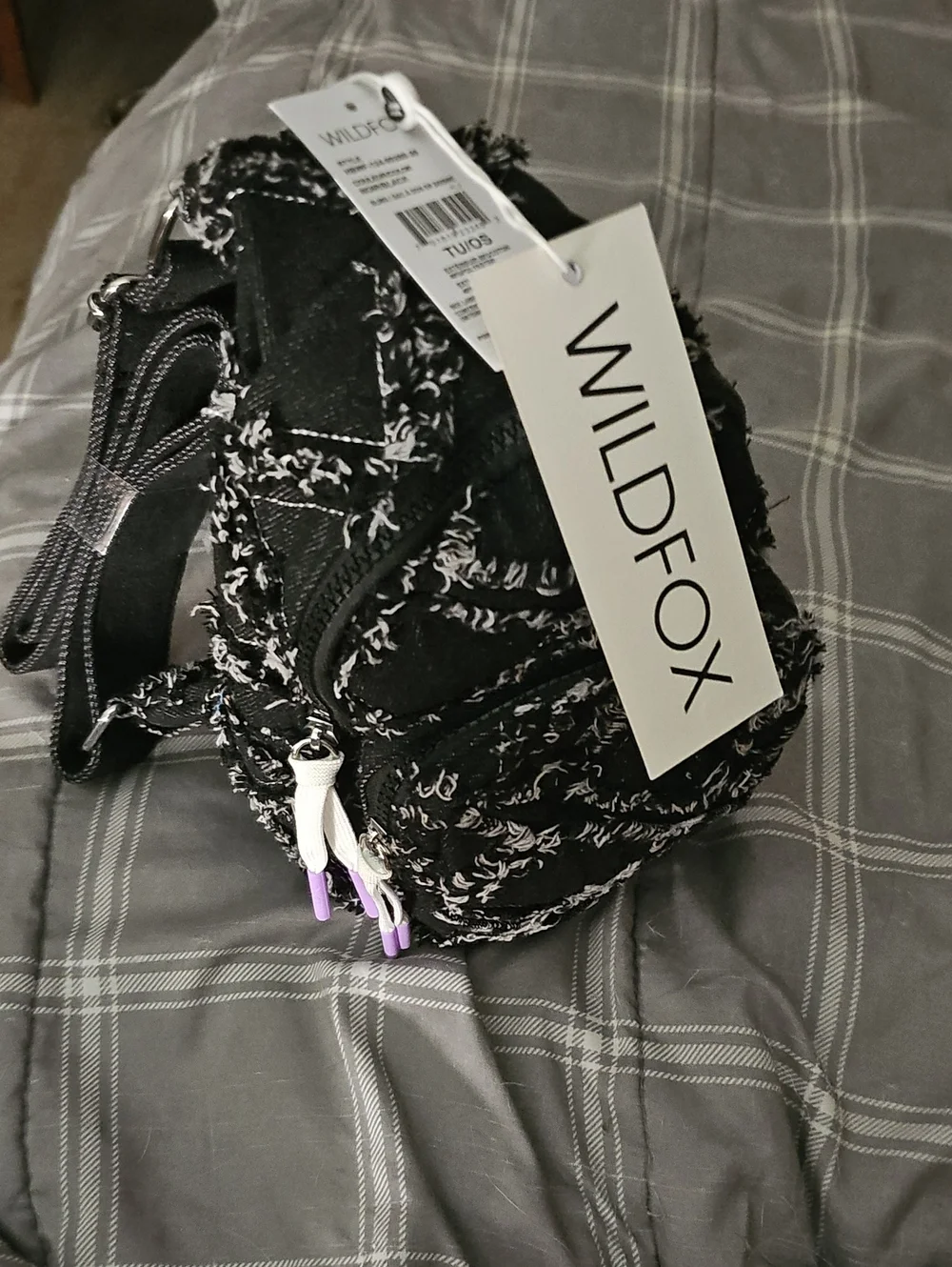 Wildfox Black & White Tweed Crossbody Bag with Lavender Zipper Pulls